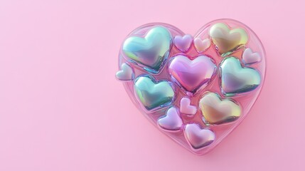 Fototapeta premium Iridescent hearts in a heart-shaped container on pink background; Valentine's Day card