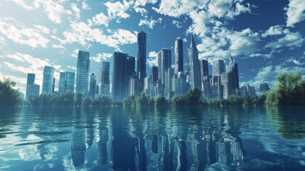 Serene City Skyline Reflected in Water Amidst Resource Challenges