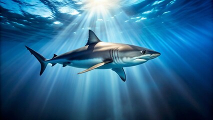 Obraz premium Majestic Shark Swimming Gracefully Underwater with Sunlight Rays