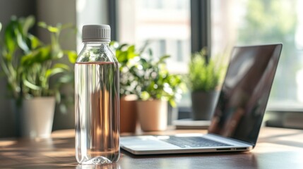 Clean Water Bottle on Desk Next to Laptop with Indoor Plants