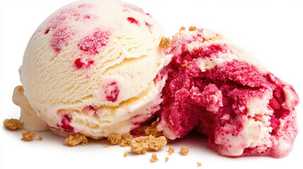 Ice cream melting, A delicious scoop of melting strawberry cheesecake ice cream captured in high fidelity, perfect for dessert and food-related imagery.