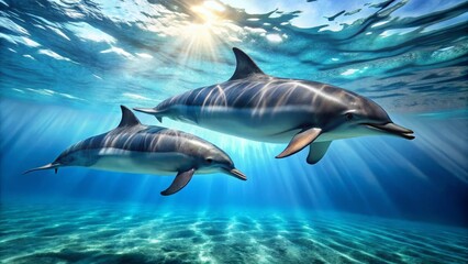 Obraz premium Two Dolphins Swimming Gracefully in a Vibrant Ocean Environment
