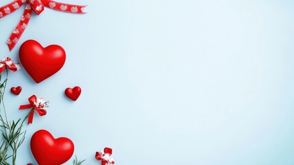 Red hearts and colorful flowers arranged on a bright blue background creating a vibrant pattern