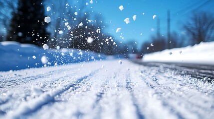 Fototapeta premium Close Up of Snowflakes Falling on Snowy Street on a Sunny