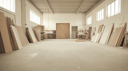 Empty workshop interior with wood materials, tools, and workbenches.