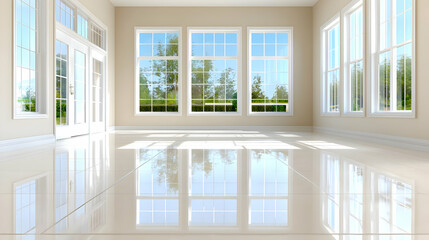 Fototapeta premium Sunlit empty room, large windows, garden view, interior design