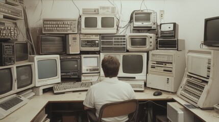 Man sits before a wall of vintage computers and monitors in a retro-tech workspace.