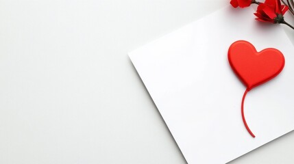 Red heart illustration on a white card with a red flower decoration on the side