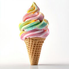Vibrant 3D Render of Rainbow Swirl Ice Cream in a Waffle Cone