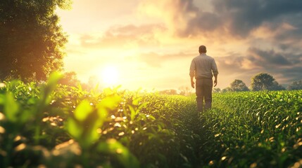 Fototapeta premium Farmer Walking Through Green Meadow at Sunset for Crop Inspection