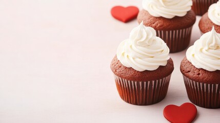 Close up view of assorted cupcakes decorated with white frosting on a wooden background