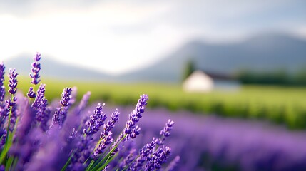 Obraz premium Close Up Purple Lavender Flowers Field Soft Sunlight Farm