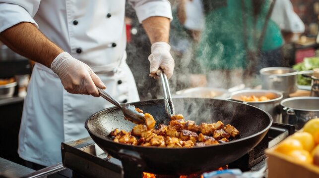 A chef demonstrating food safety practices at a festival cooking show