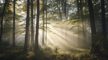 Obraz premium Fresh Misty Morning in Forest with Sunlight Filtering Through Trees