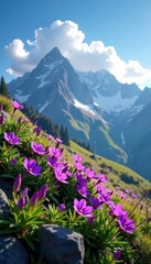 Fototapeta premium Gentian blossoms on mountain slope under cloud, landscape, slope, purple