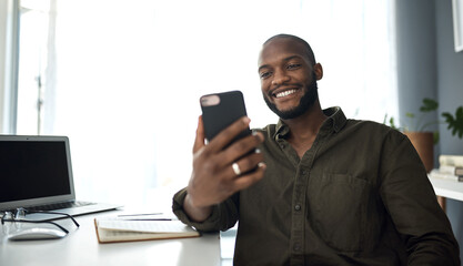 Happy, office and black man with smartphone, email and smile for payslip, notification and freelancer. Reading, content creator and joy for payment from social media, online and person with mobile