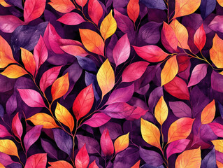 Vibrant watercolor leaves in shades of red, orange, and purple create stunning floral pattern, showcasing beauty of nature. Perfect for backgrounds and designs