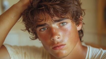 Fototapeta premium A young man concerned about his hair, looking into a mirror or camera