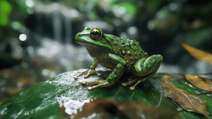Fototapeta premium Closeup of Vivid Green Frog Sitting on a Wet Leaf