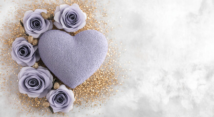 Lavender heart with purple roses and gold glitter on soft white background. Minimal love card concept with copy space.