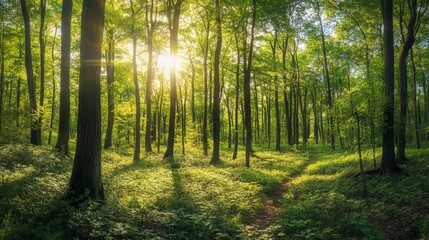 Fototapeta premium Sunlit Panoramic View of Forest with Lush Green Trees and Sunlight