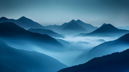 Fototapeta premium Mountains draped in mist create a serene landscape at dawn in a tranquil valley