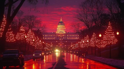 Fototapeta premium Capitol building, Christmas lights, city street, sunset, holiday season