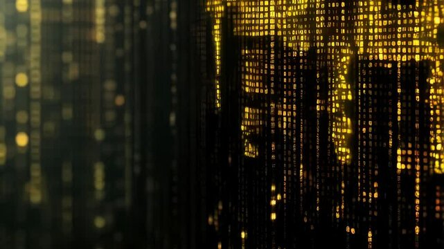 Glowing matrix of golden data flow through digital network interface