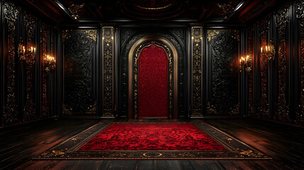 Obraz premium Dark ornate room, red carpet, arched doorway, background for fantasy, mystery