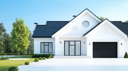 White house with black garage doors and windows set against a clear blue sky on a sunny day