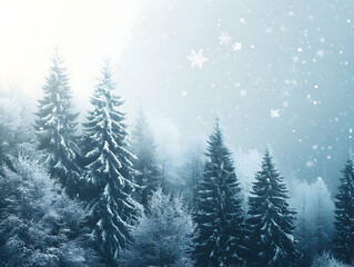 Naklejka premium Majestic snow-covered trees stand tall under a soft winter sky as gentle snowflakes fall quietly in a serene forest setting