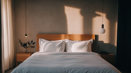 Serene Minimalist Bedroom Interior Design with Warm Sunlight