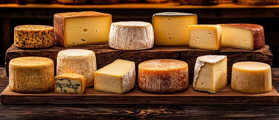 Assorted Cheeses Displayed on Rustic Wooden Board in Market Setting
