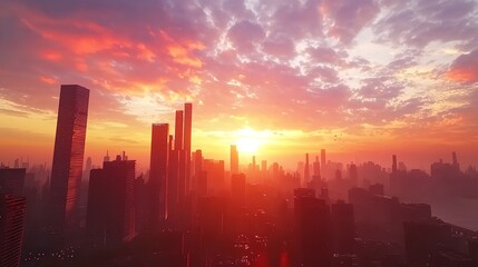 Small city model illuminated by the setting sun