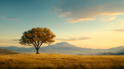Obraz premium Lonely tree on hilltop at sunset, mountains background. Peaceful nature scene, ideal for meditation or travel brochures