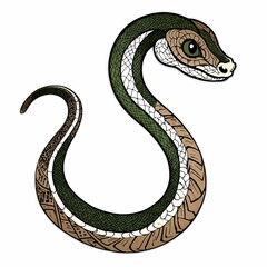 Obraz premium A colorful illustrated snake with intricate patterns, showing a combination of green and brown hues in its design on a white background. Generative AI