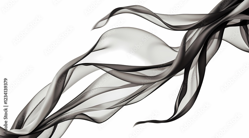 Poster elegant black and gray waves of flowing fabric create a dynamic visual effect on a white background.