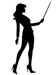 black silhouette of a hot female teacher with a pointer in her hand, attractive woman in heels, isolated on transparent background, school, teaching, vector art