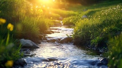 Obraz premium Small Stream Running Through Green Meadow at Sunrise with Flowers