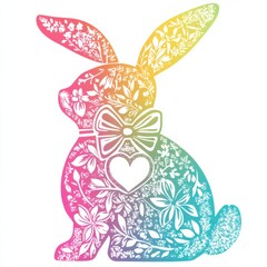 A vibrant floral bunny silhouette with a rainbow gradient, heart cutout, and intricate botanical details, perfect for Easter, spring decor, and festive designs.