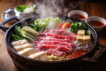 Enjoying fresh shabu-shabu with sliced beef, vegetables, and tofu in a cozy dining setting with warm lighting