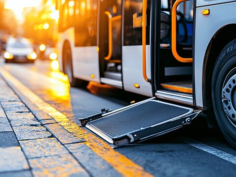 City Bus with Wheelchair Access Ramp at Sunset on Urban Street