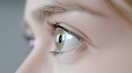 Obraz premium Woman's eye looking sideways, close-up, grey background, medical use