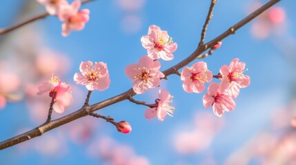 Soft Pink Blossoms on Branch with Blue Sky Background