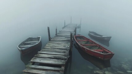 Fototapeta premium Misty lake pier with three boats, foggy background, tranquil scene