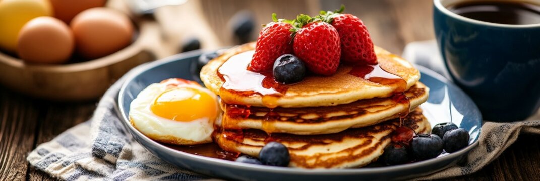 A close-up of a breakfast menu with pancakes, eggs, and coffee options