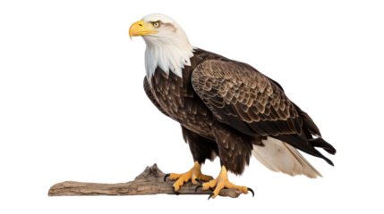 A majestic bald eagle stands proudly on a branch showcasing its distinct white head and strong yellow beak