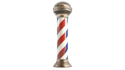 A vintage barber pole stands alone, featuring a classic design with red and white stripes, topped with a silver sphere. The elegant styling showcases traditional barber shop aesthetics
