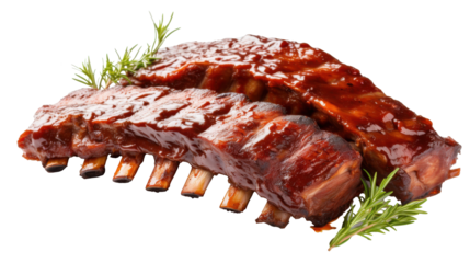Succulent barbecued ribs are presented with a rich glaze on a white background, accompanied by fresh herbs for added flavor and visual appeal. Perfect for a summer cookout
