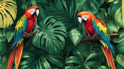 Naklejka premium Vibrant macaws perched on branches surrounded by lush green foliage in a tropical rainforest setting